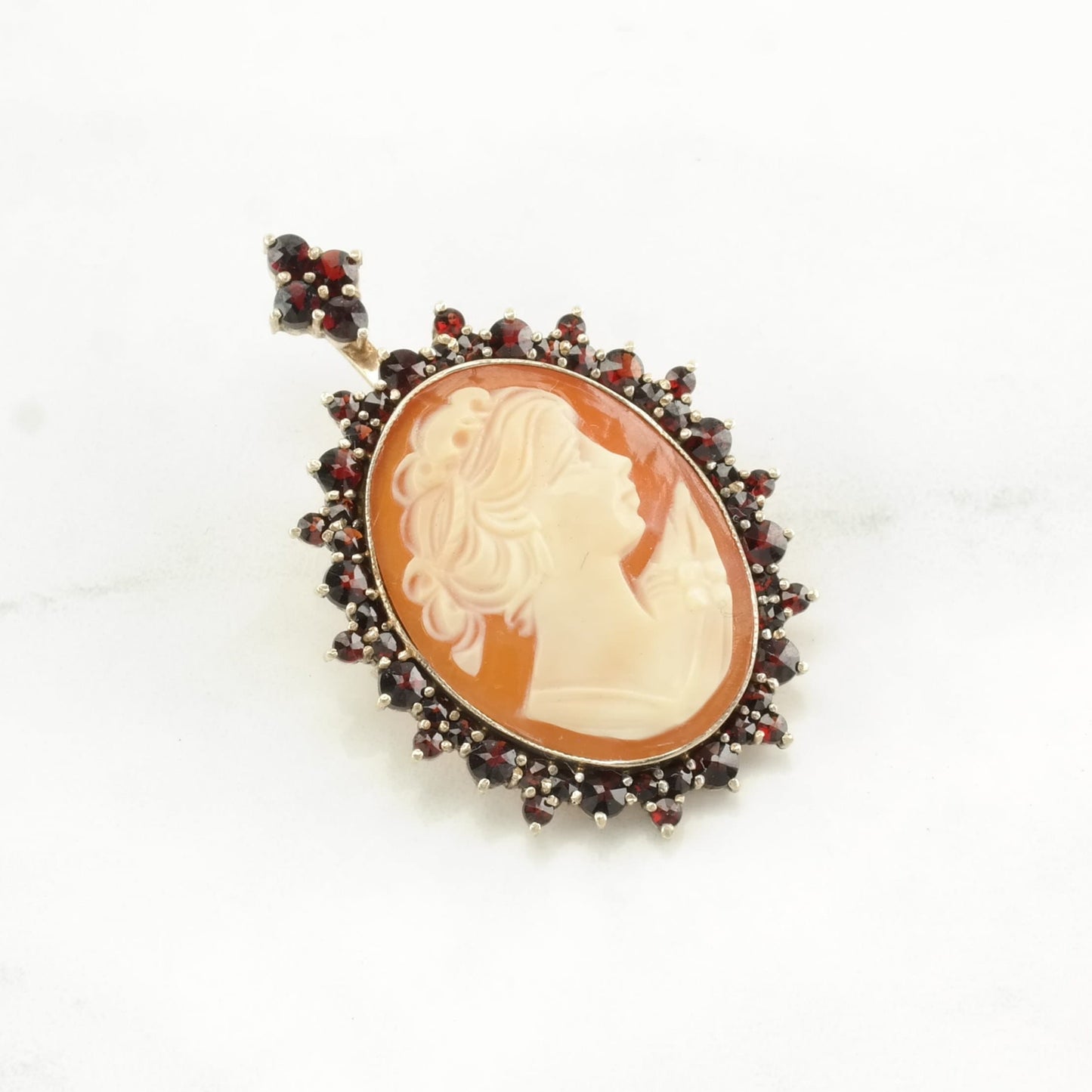 Vintage Red, Orange Silver Brooch Pendant Bohemian Garnet, Gold Gilded Cameo Sterling