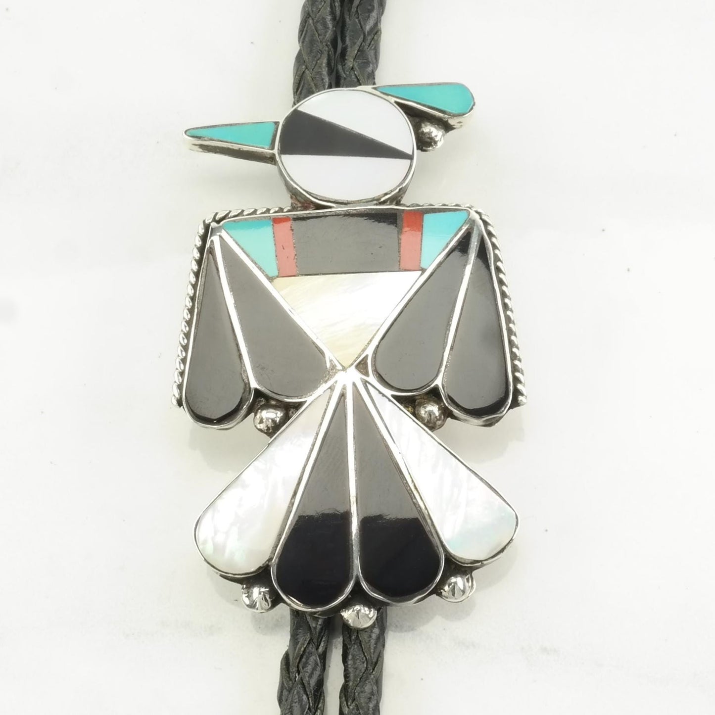 Native Sterling Silver Turquoise, MOP, Onyx, Coral Inlay, Bird Necklace N2176