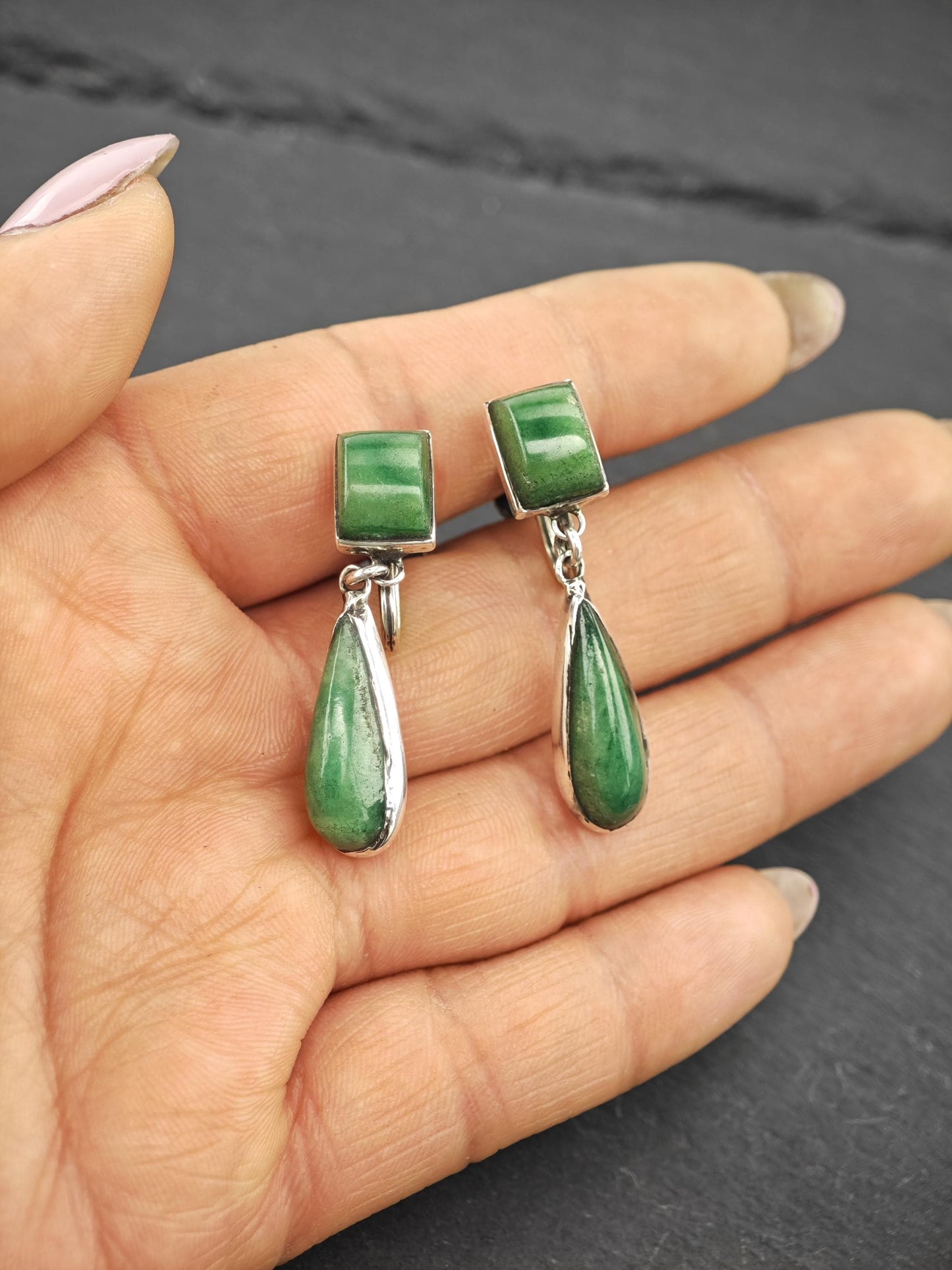 Green Gemstone, Teardrop Screw Back Earrings Sterling Silver