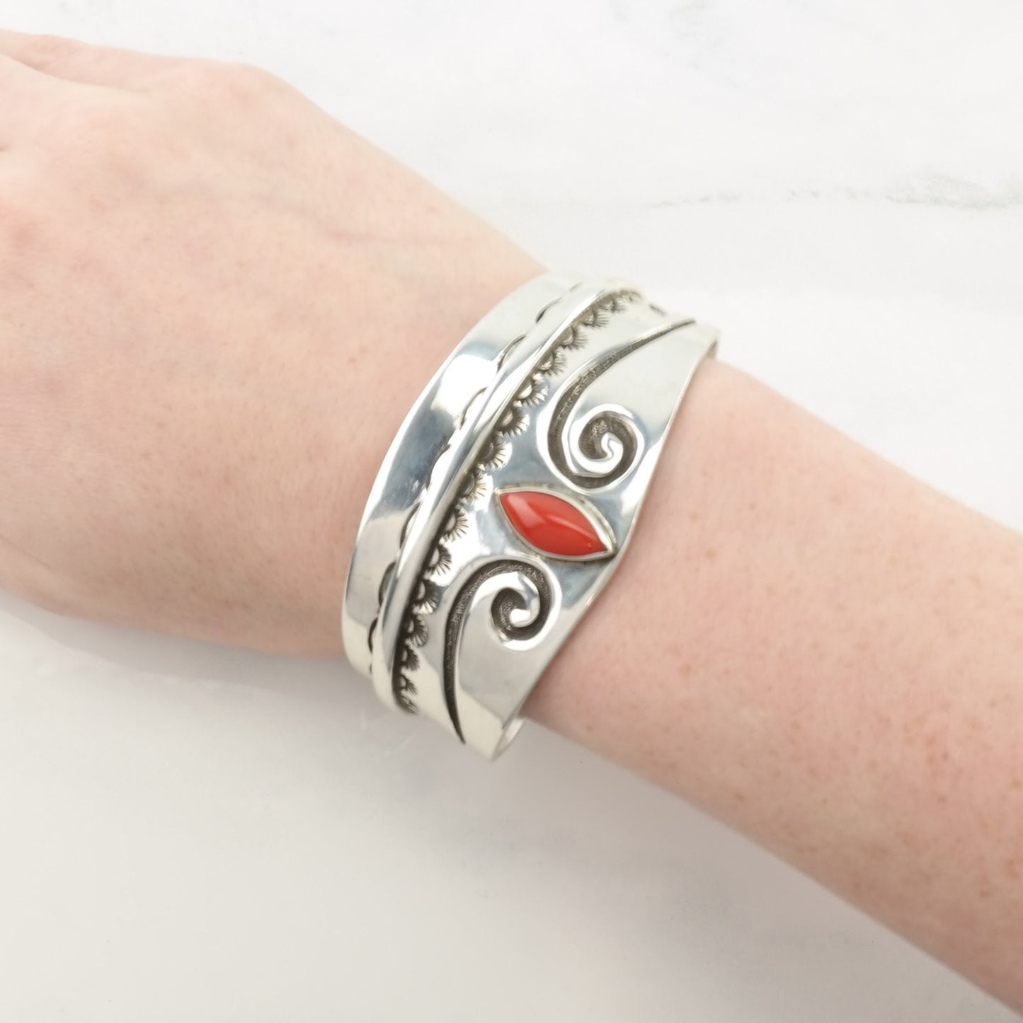 Native American Sterling Silver Cuff Bracelet Red Coral Stamped