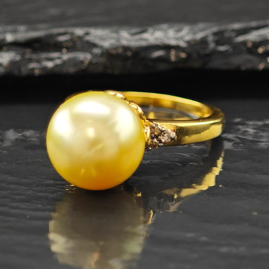 12mm Pearl Diamond 14K Gold Plated Ring Sterling Silver Sz 6