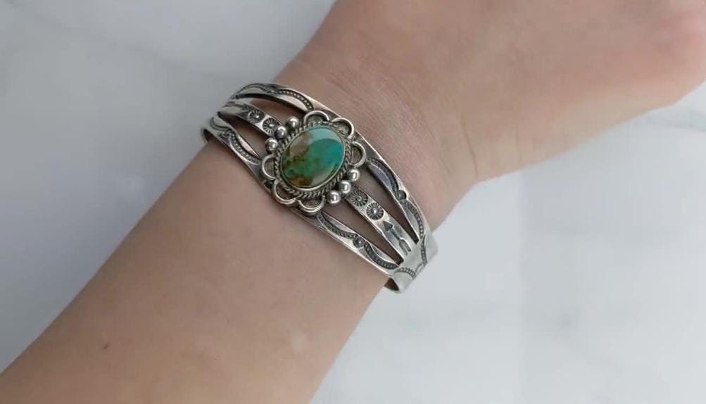 Native American Sterling Silver Cuff Bracelet Turquoise Chick