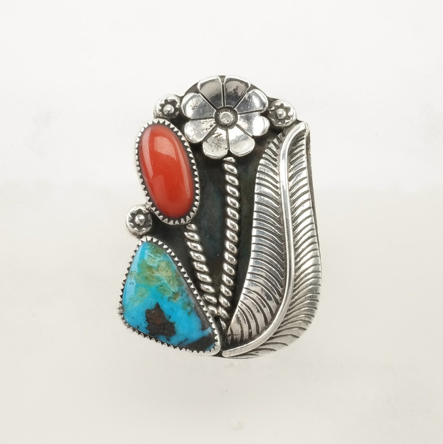 Native American Silver Ring Turquoise, Coral Flowers Sterling Size 8 3/4