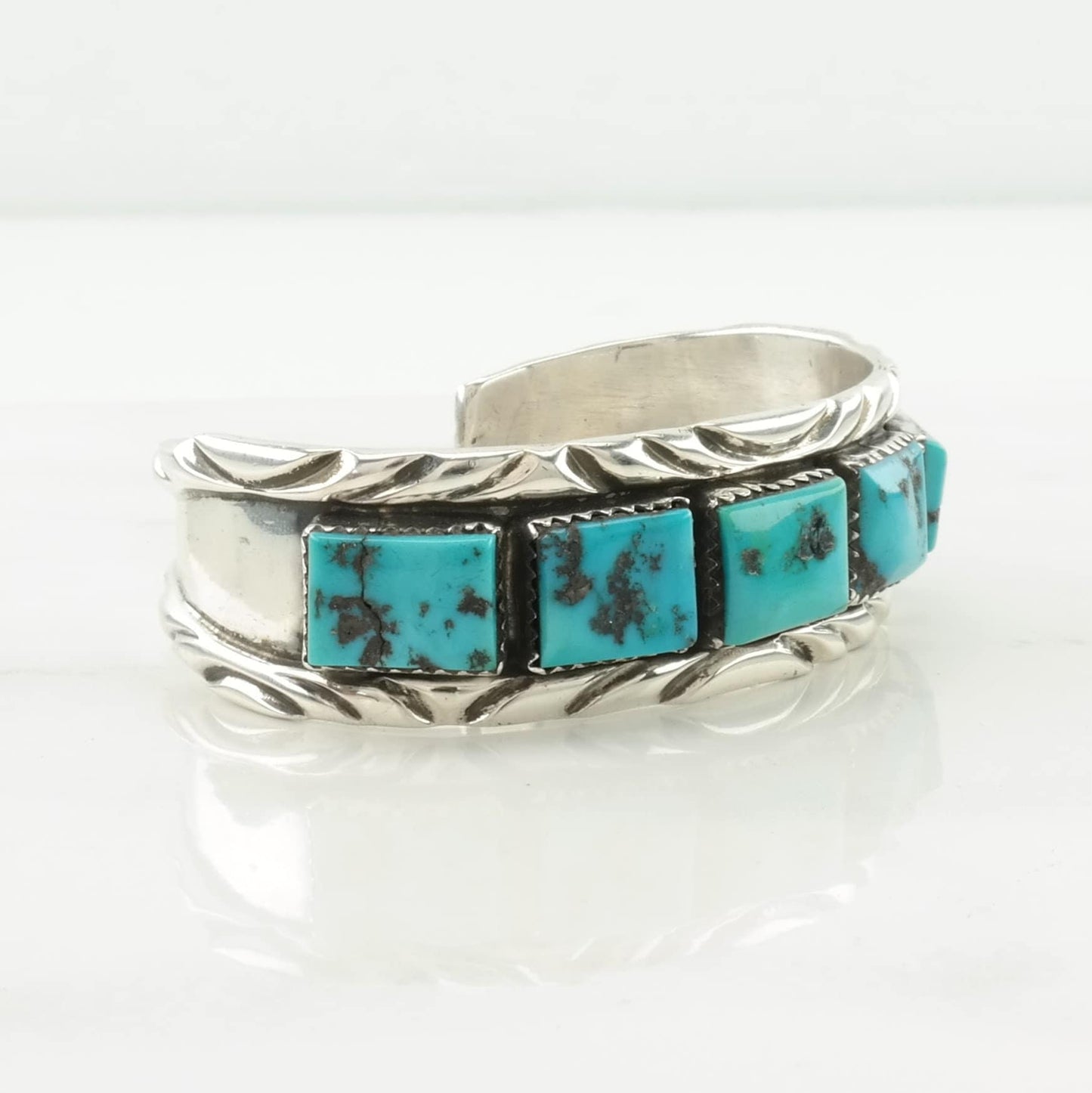 Vintage Native American Sterling Silver Cuff Bracelet Blue Turquoise 5 Stone