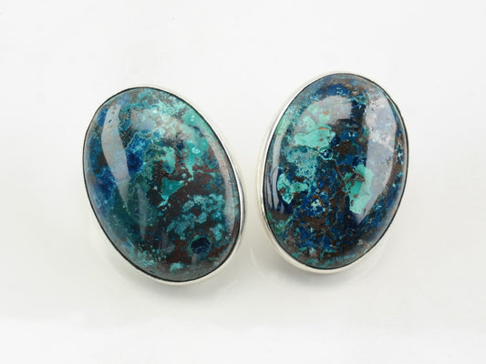 Sterling Silver Blue Azurite Oval Earrings Stud