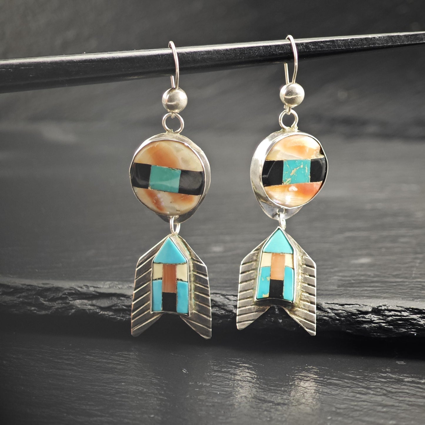 Vintage SW Style Inlay Arrowhead Kidney Wire Sterling Silver Earrings ER3198