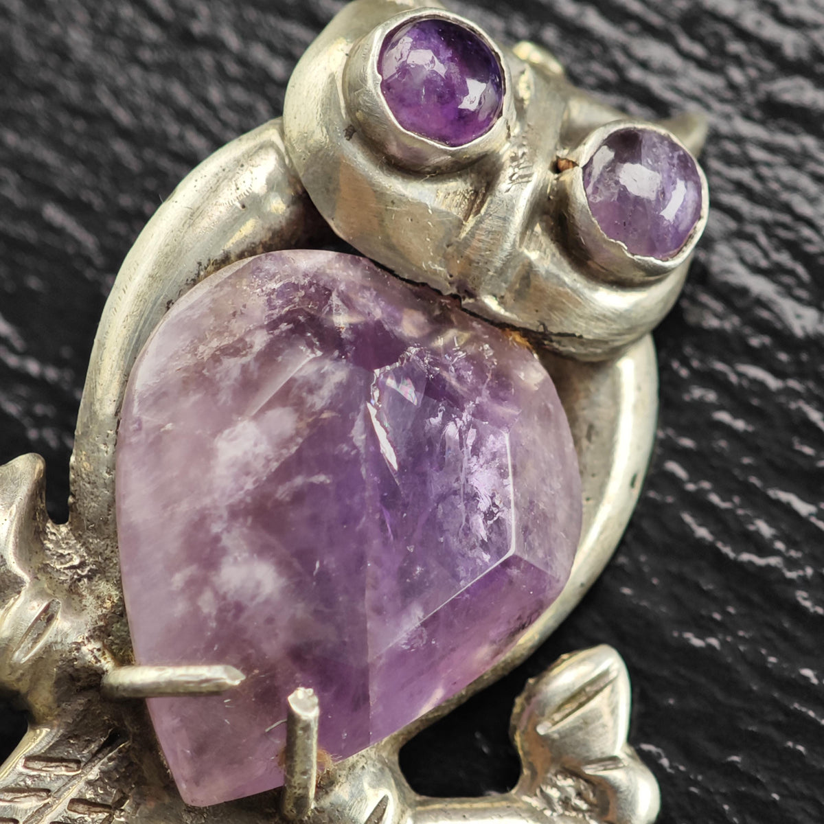 Mexican Amethyst Owl Sterling Silver Brooch B2273