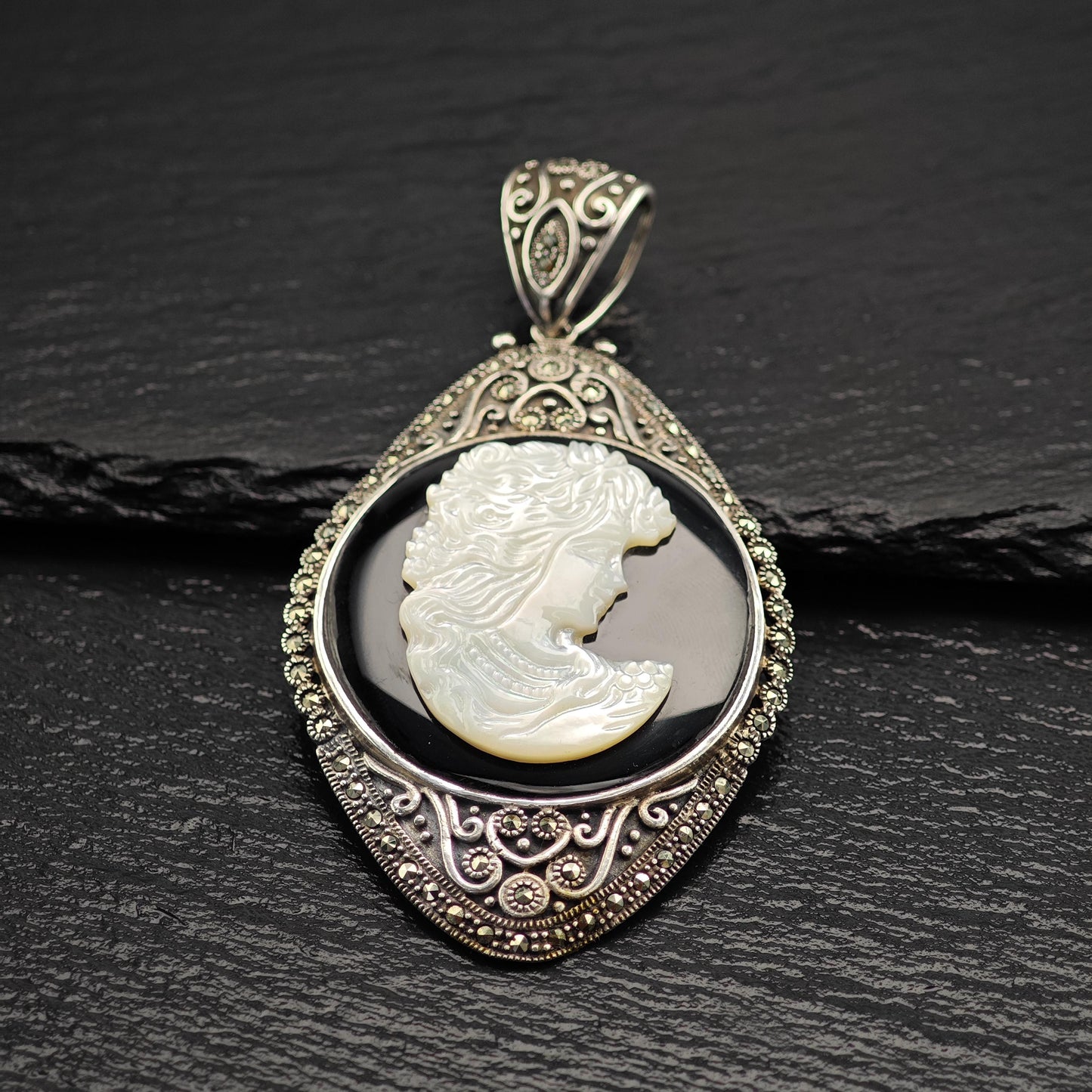 Cameo Pendant in Sterling Silver with MOP Onyx Marcasite P2755