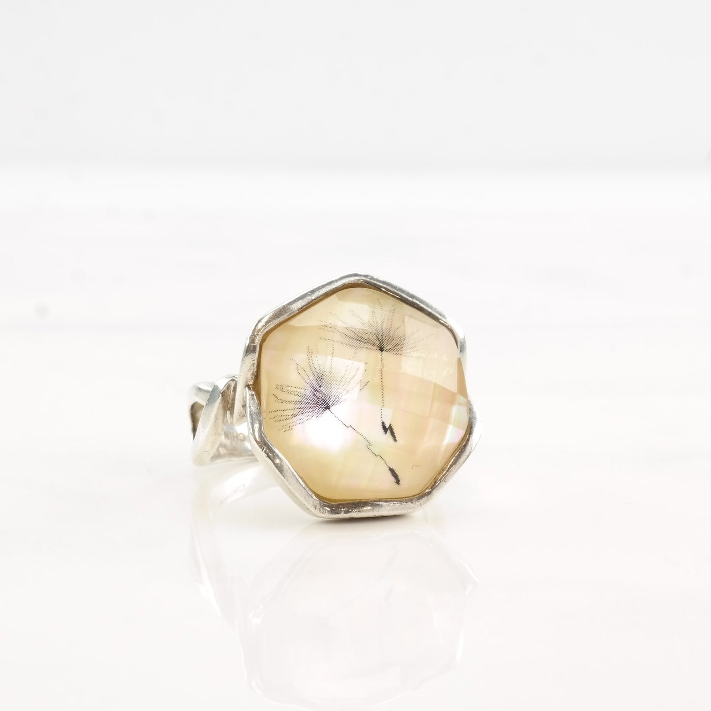 Sterling Silver Ring Quartz Doublet Dandelion Size 8 1/4