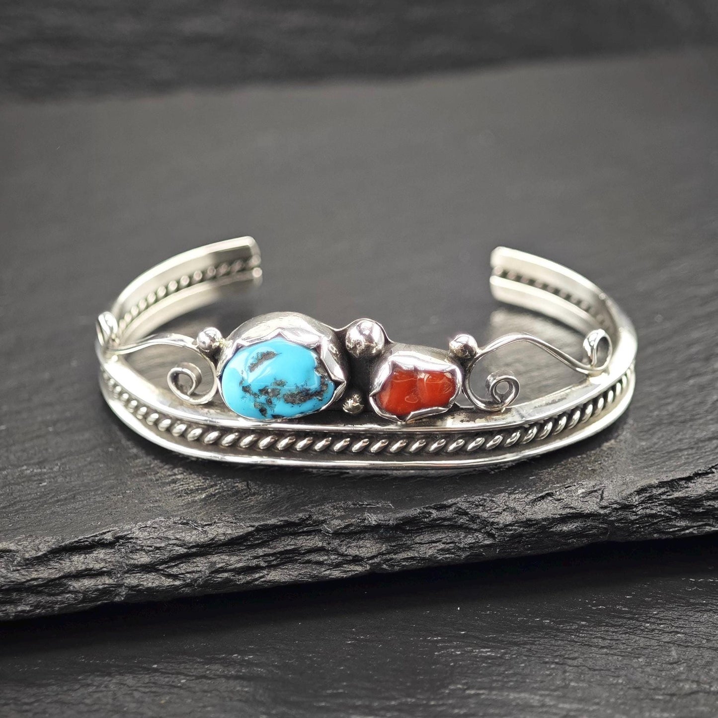 Navajo, Native American Turquoise, Coral Cuff Bracelet Sterling Silver