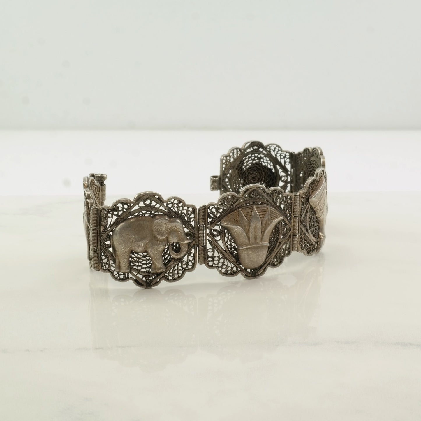 Archeological Revival Sterling Silver Link Filigree Bracelet