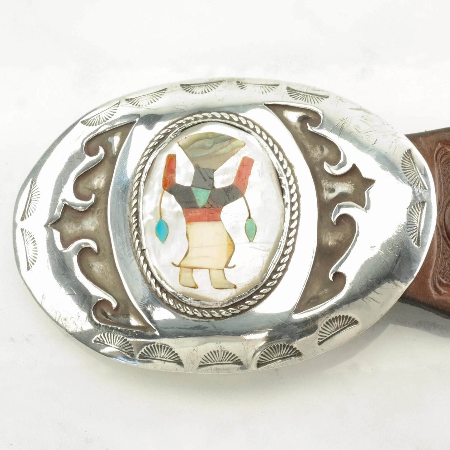 Signed Native American Leather Belt with MOP, Onyx, Inlay Dancing Figure Sterling Silver Buckle