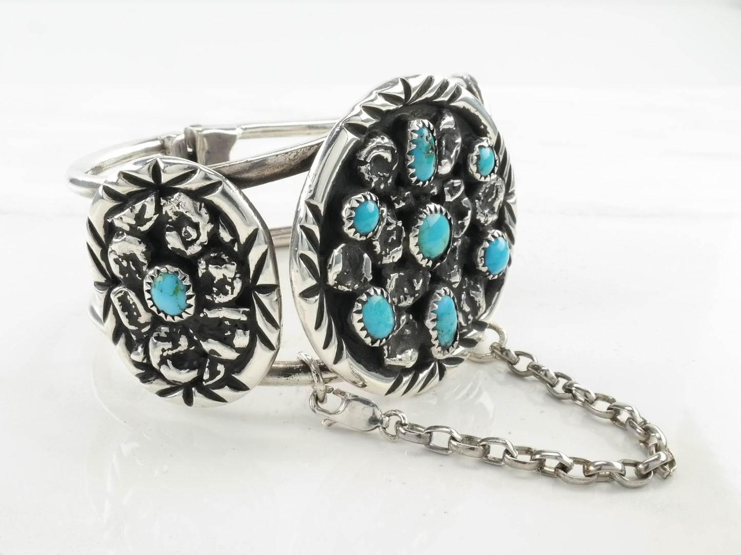 Native American Navajo Sterling Silver Cuff Bracelet Blue Turquoise Cluster