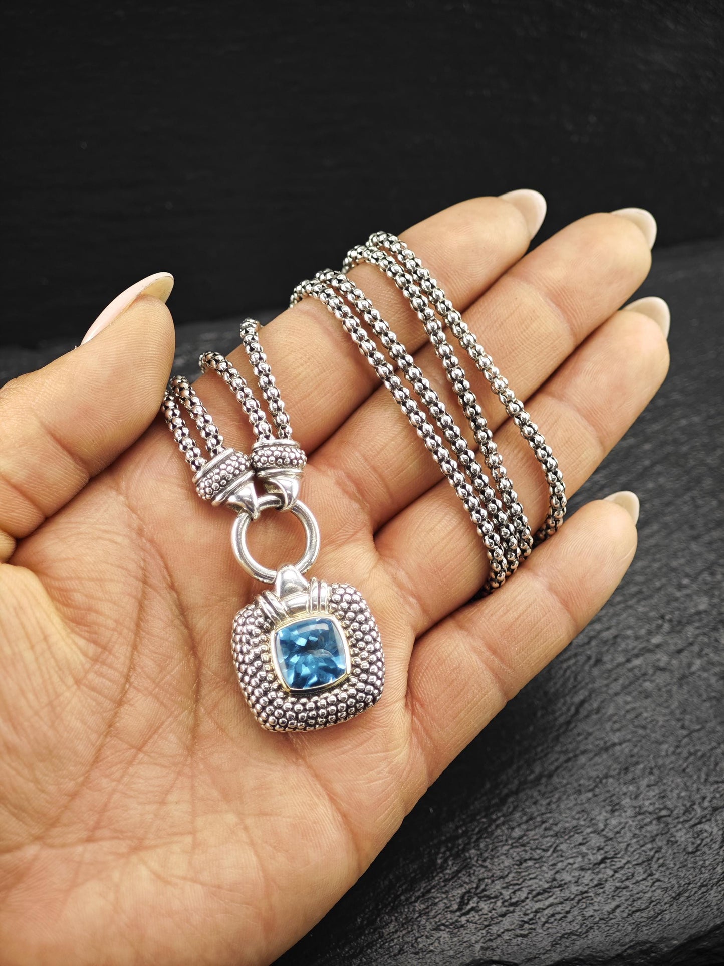 Designer Blue Topaz, 14k Gold Bezel Necklace Sterling Silver N2487