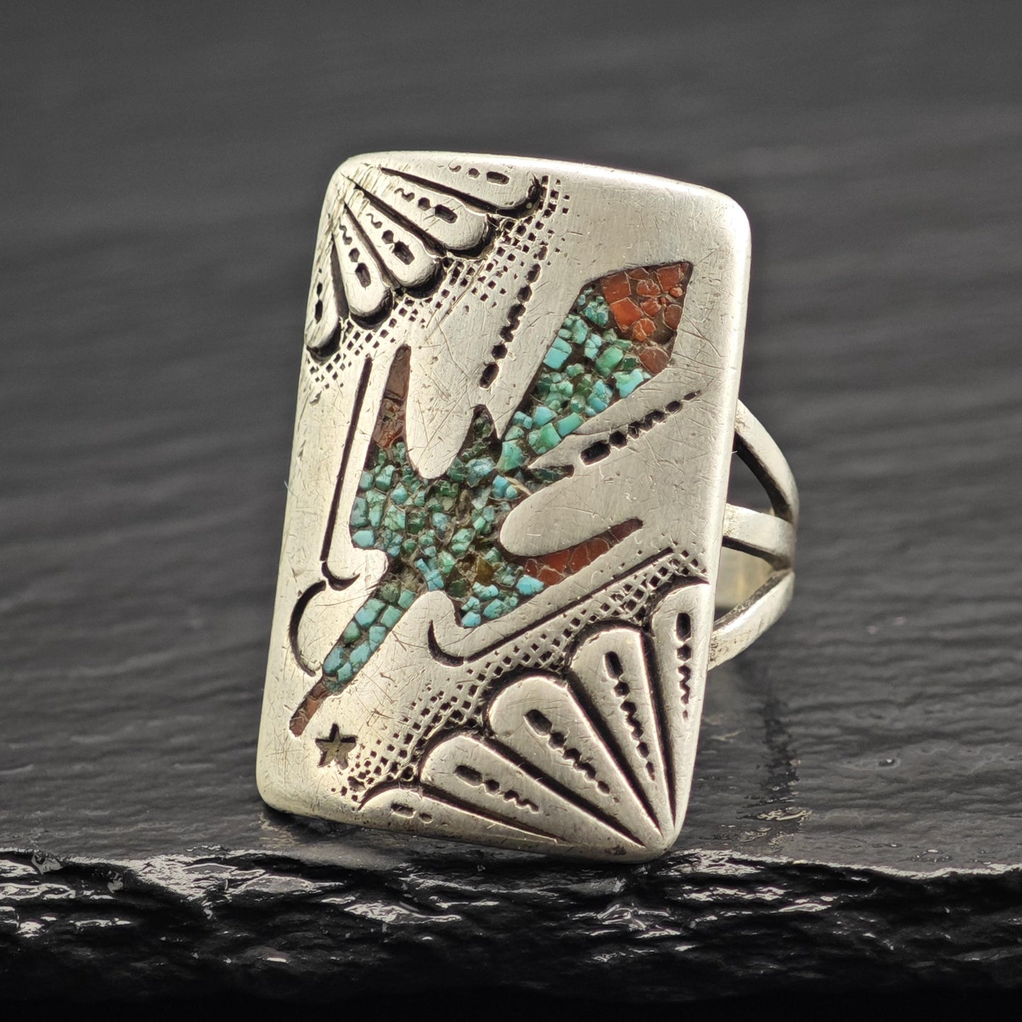 Leonard Haskie Inlay Thunderbird Ring Sterling Silver Sz 12 R6618