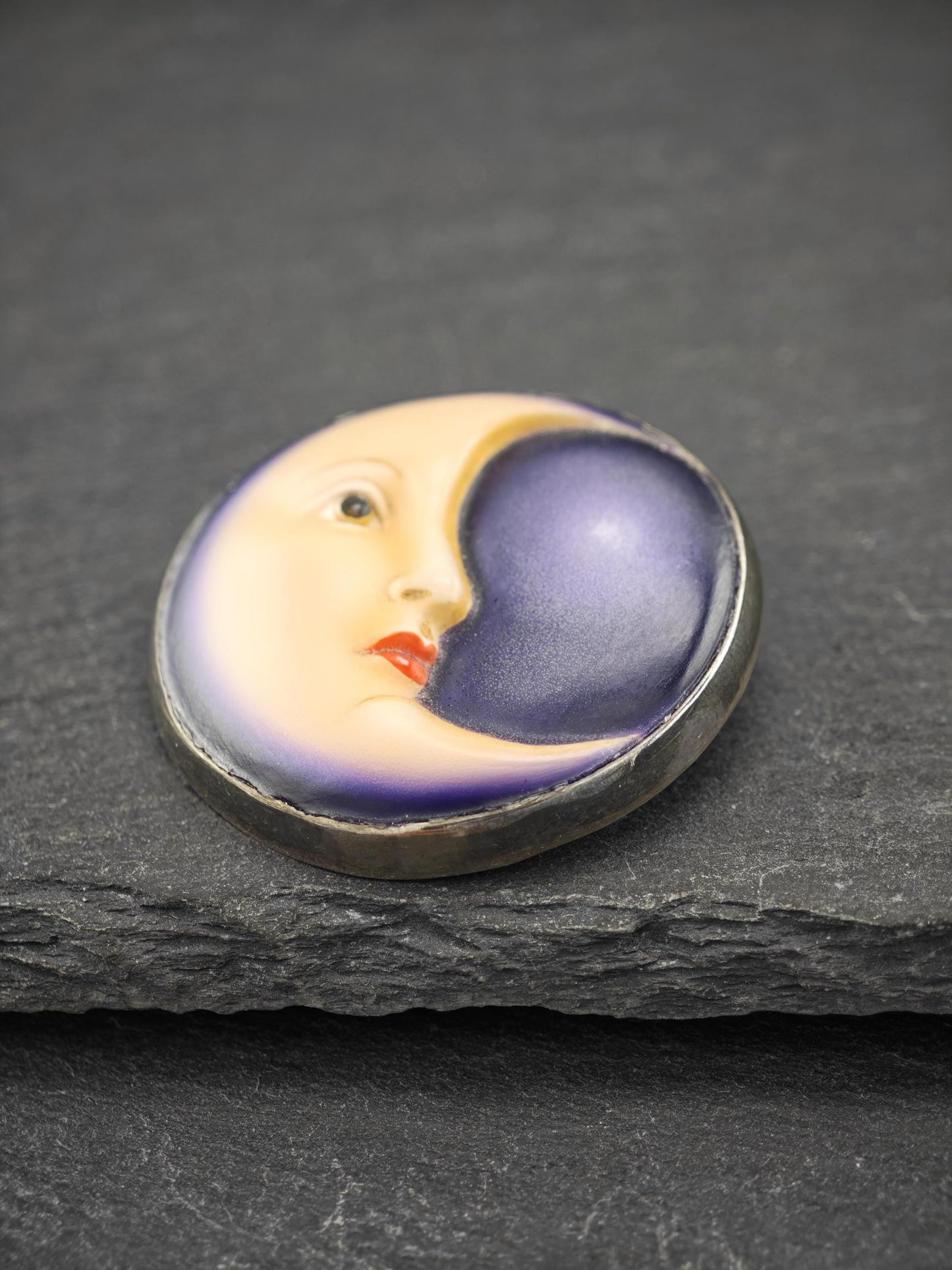 Sergio Bustamante Enamel, Moonface Brooch/Pendant Sterling Silver