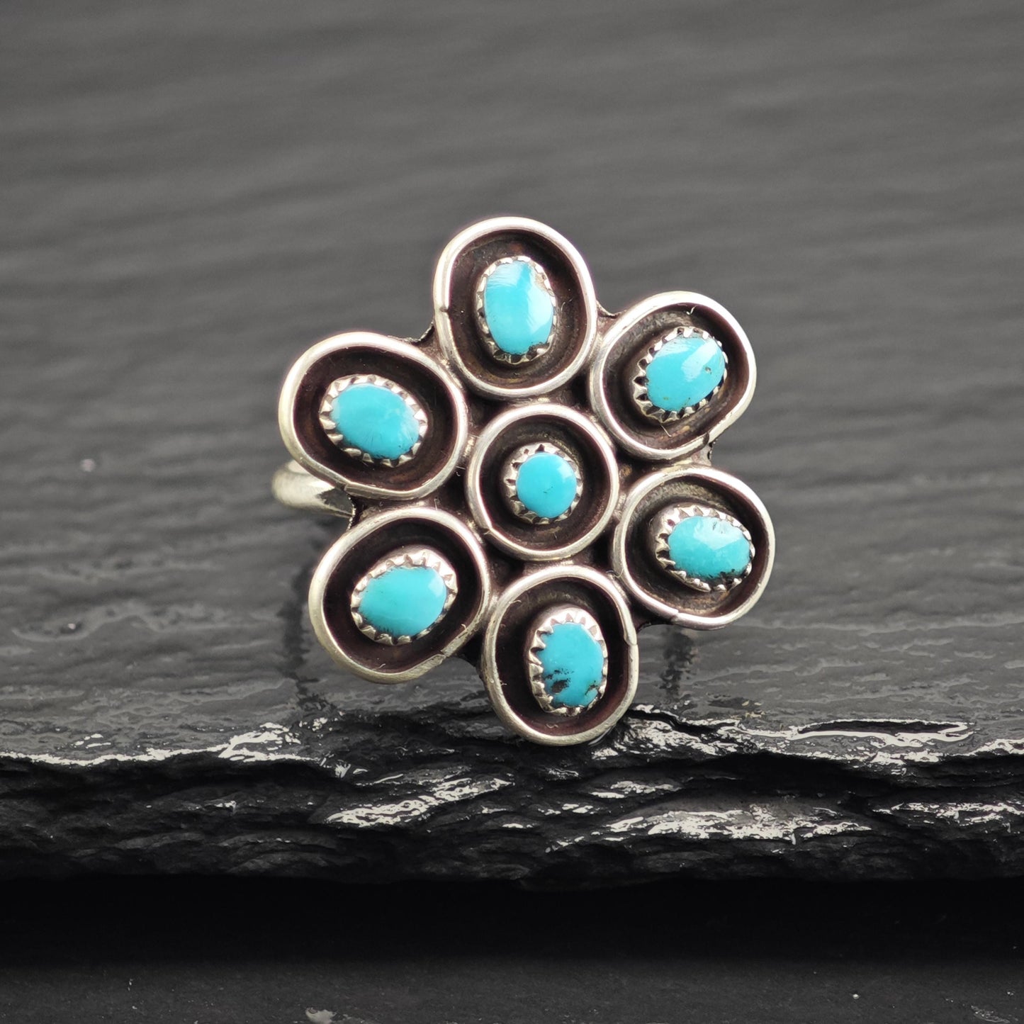 Vintage Native American Turquoise Flower Sterling Silver Ring Sz 7 3/4 R6646