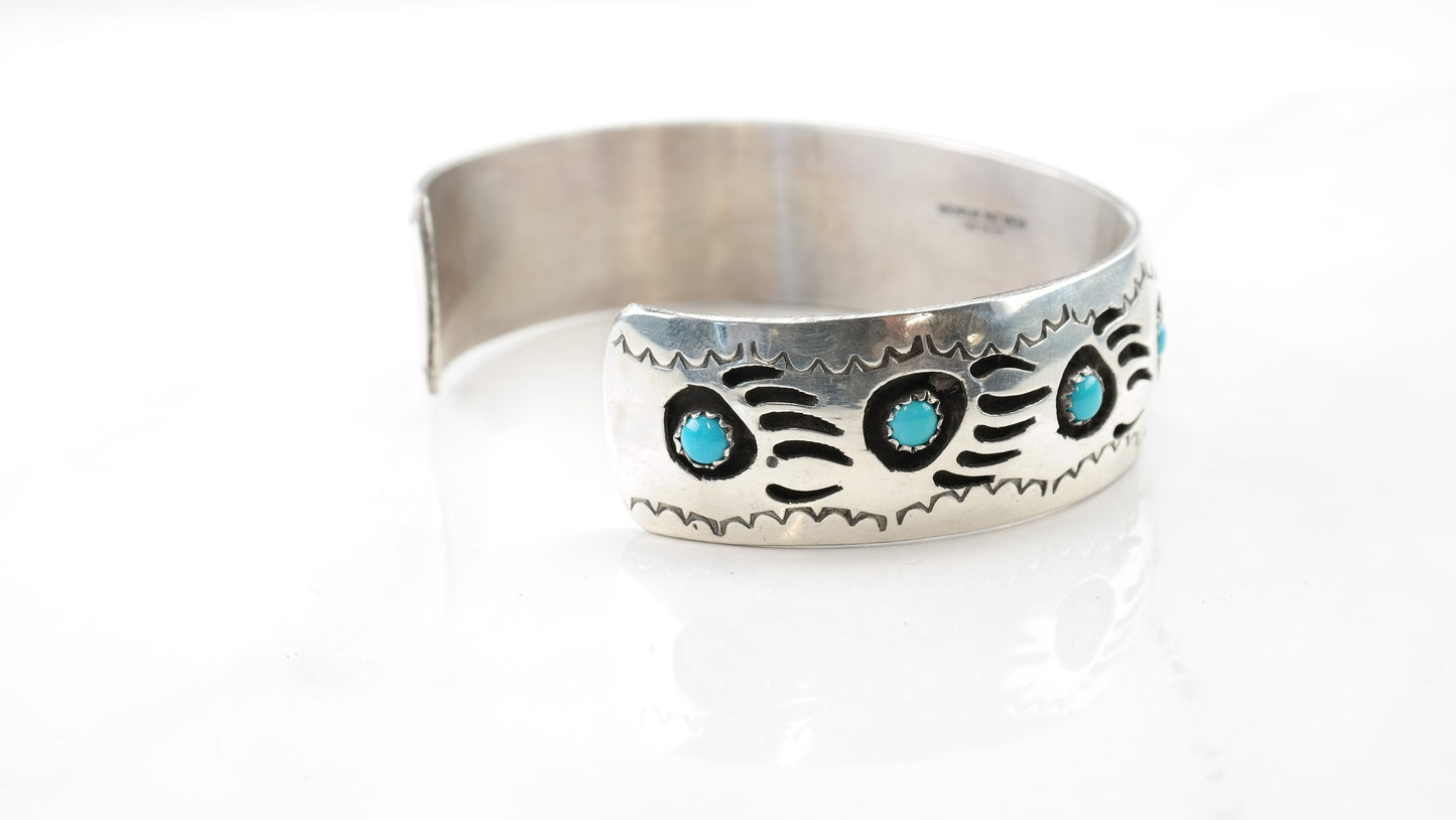 Native American Sterling Silver Cuff Bracelet Blue Turquoise Shadowbox, Bear Claw, Paw