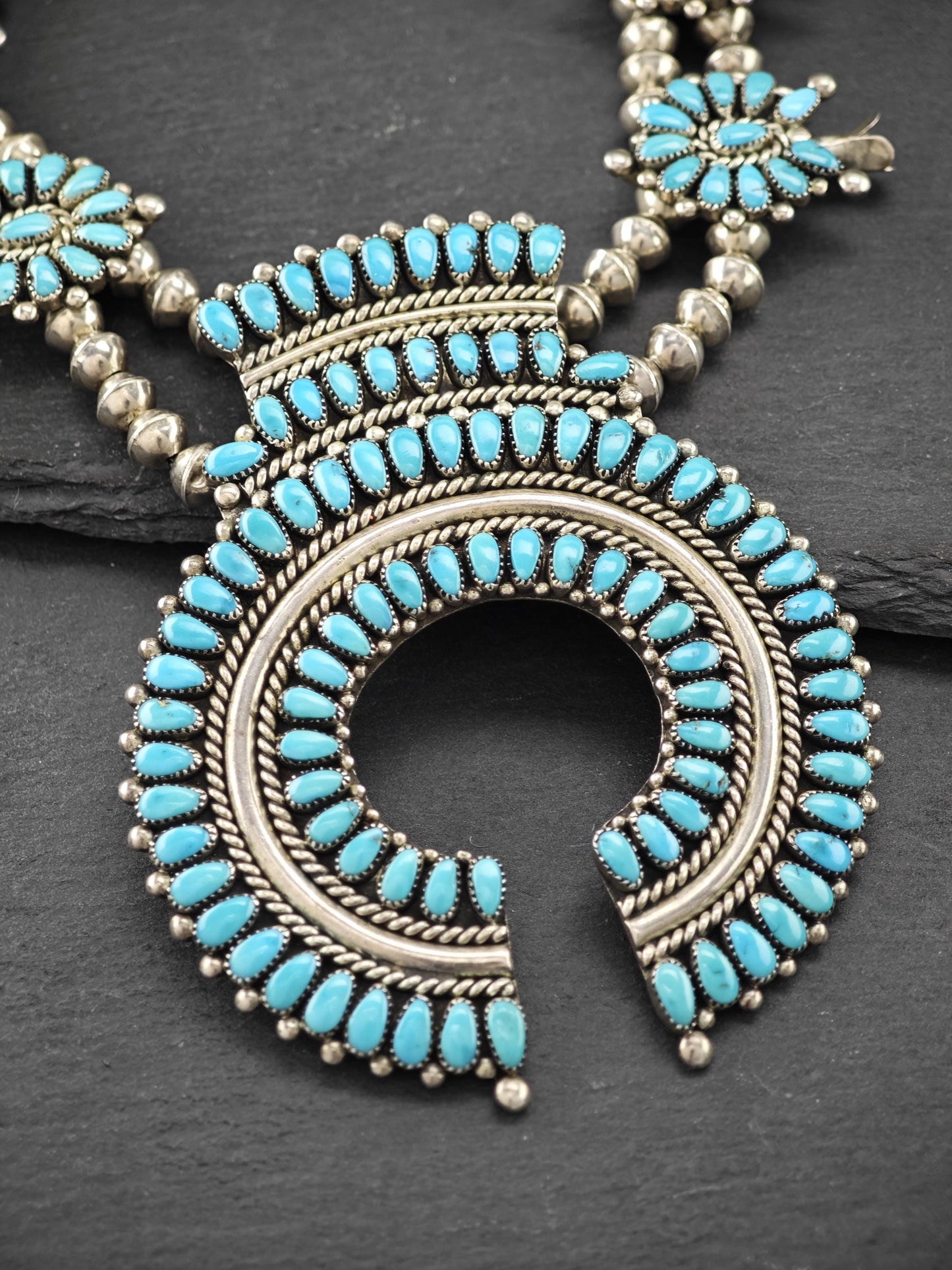 Historic Alice Quam, Zuni, Native American Squash Blossom Necklace Sterling Silver