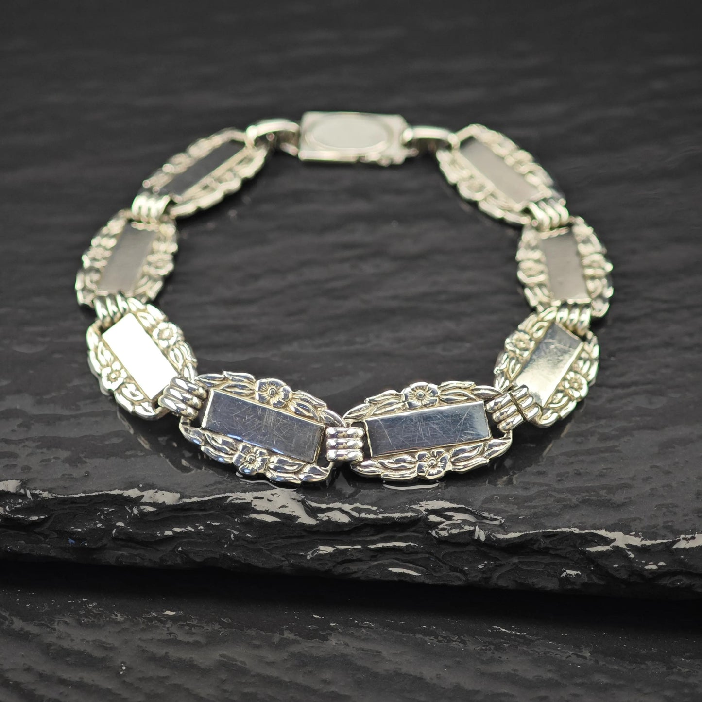 WWII Forget Me Not Link Bracelet Sterling Silver Size 6 3/4"