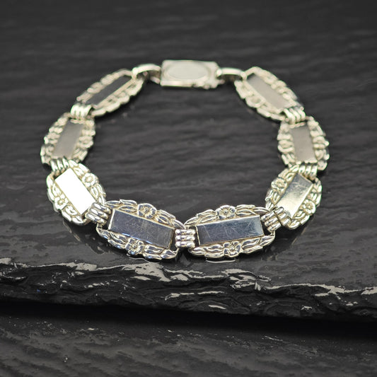 WWII Forget Me Not Link Bracelet Sterling Silver Size 6 3/4"