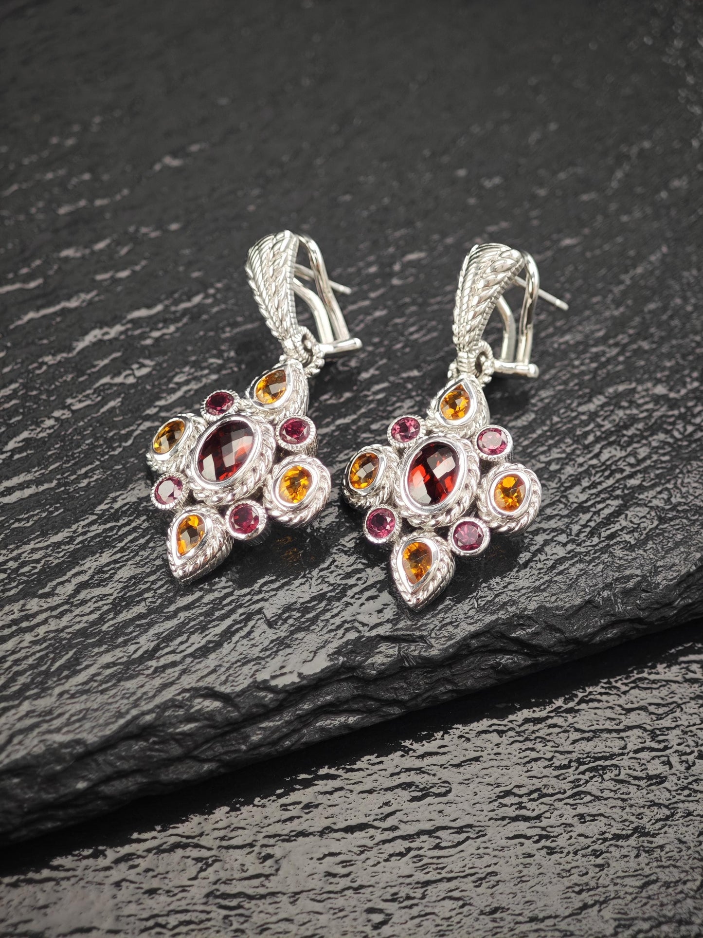 Judith Ripka Garnet Citrine Floral Sterling Silver Omega Back Earrings