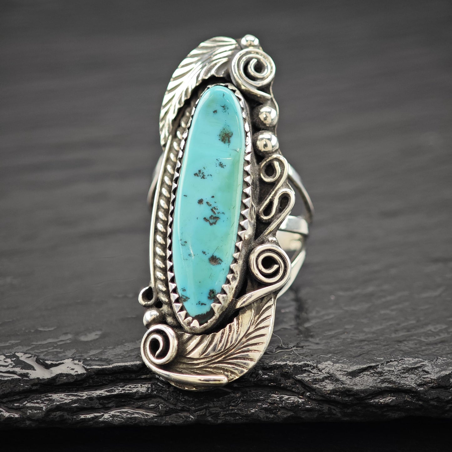 Navajo, J. Morris Long Turquoise Ring Sterling Silver Size 6 3/4