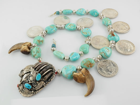 Vintage Native American Blue Turquoise Coral Claw Coin Necklace Sterling Silver