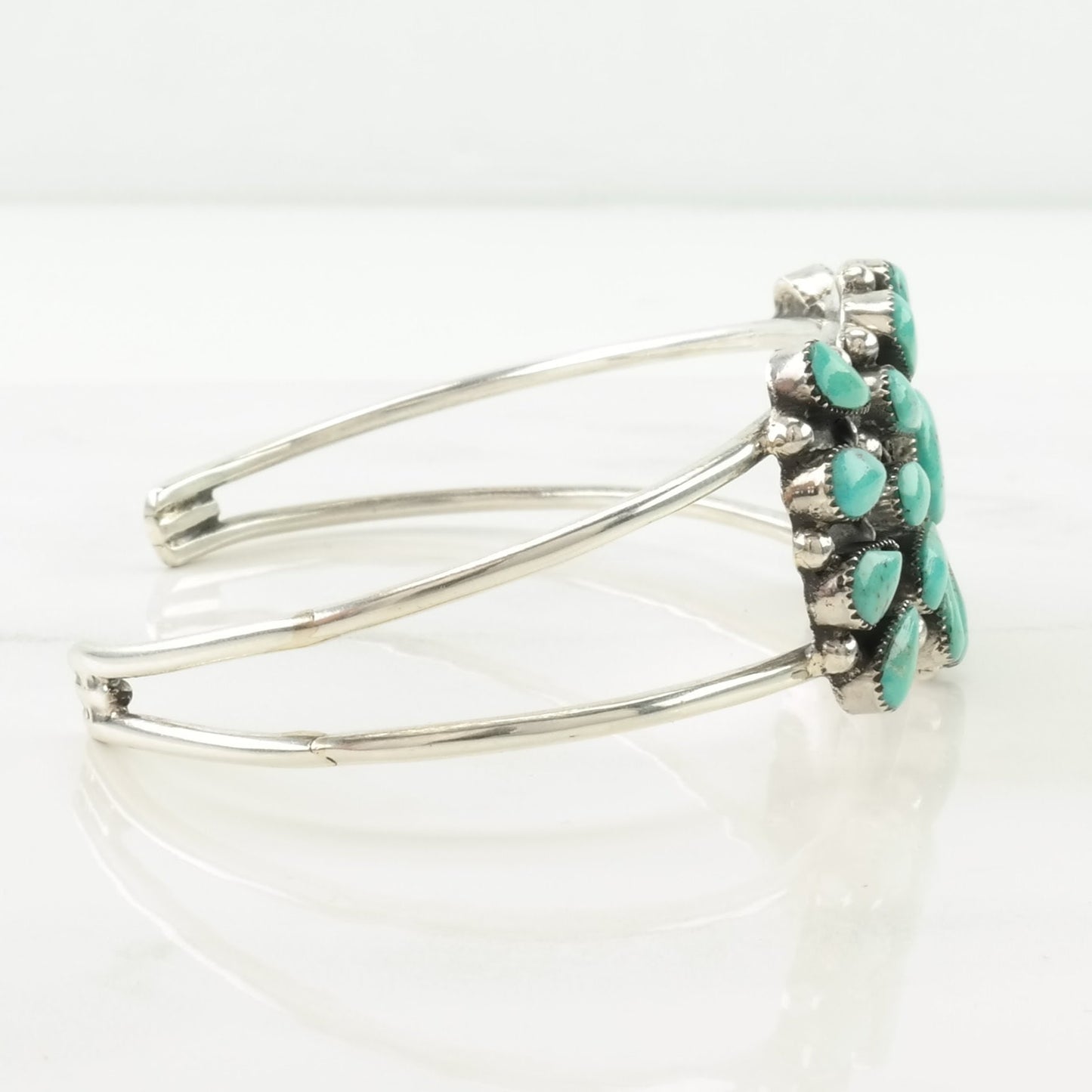 Southwest Sterling Silver Cuff Bracelet Blue Block Turquoise, Cluster Floral