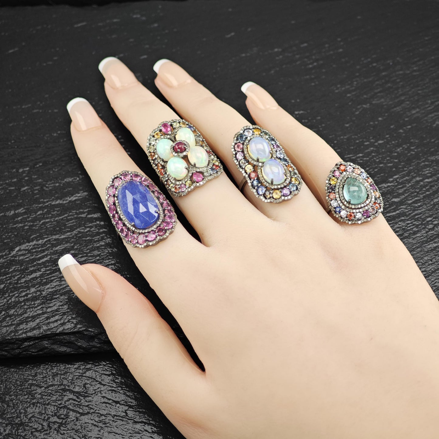 Oxidized Sterling Silver Ring with Ruby, Opal, Diamond, Sapphires