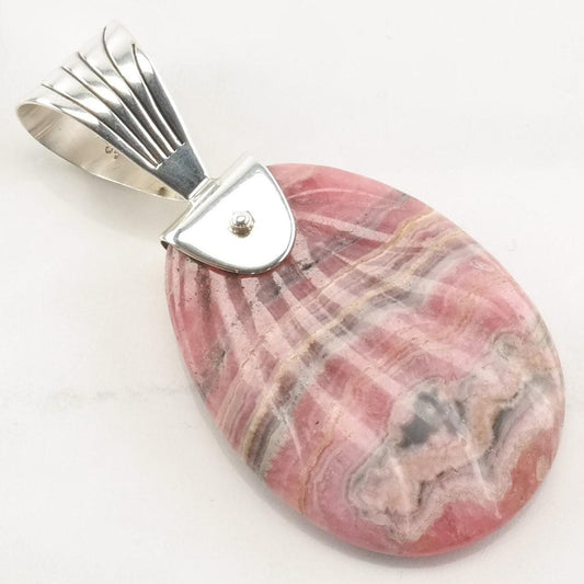 Vintage DTR Rhodochrosite Oval Shell Carved Sterling Silver Pendant