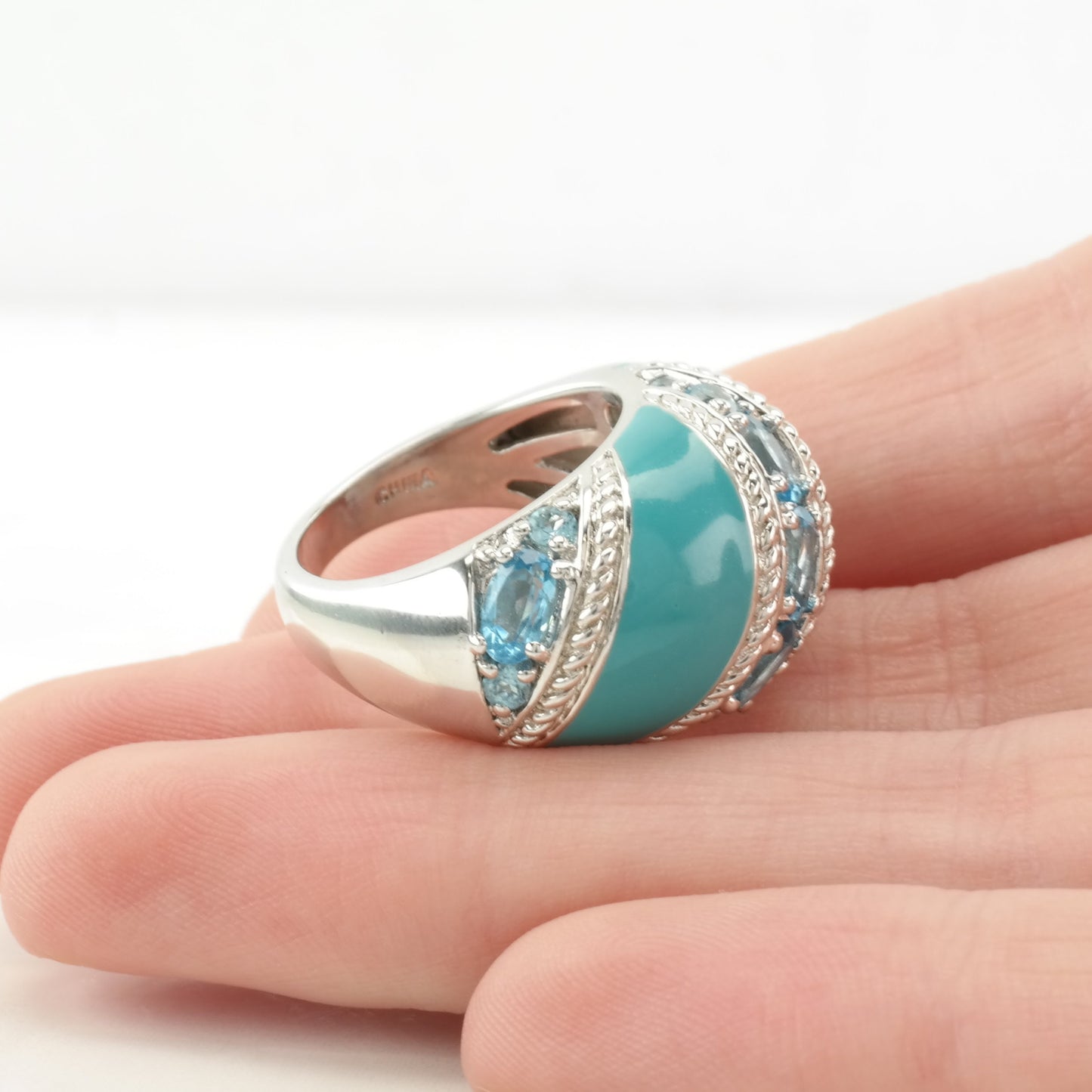 Sterling Silver Ring Topaz, Enamel Blue Size 5