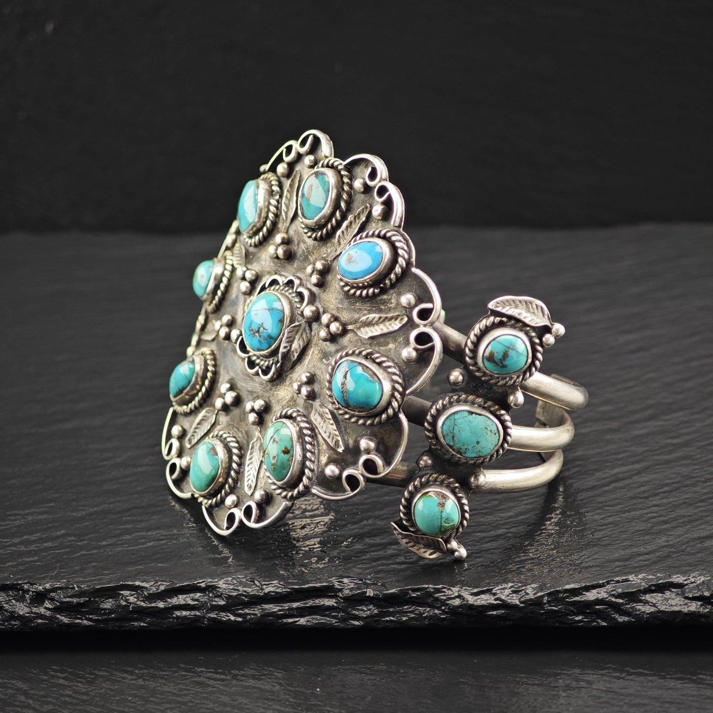 Large Turquoise Floral Cuff Bracelet Native American Sterling Silver