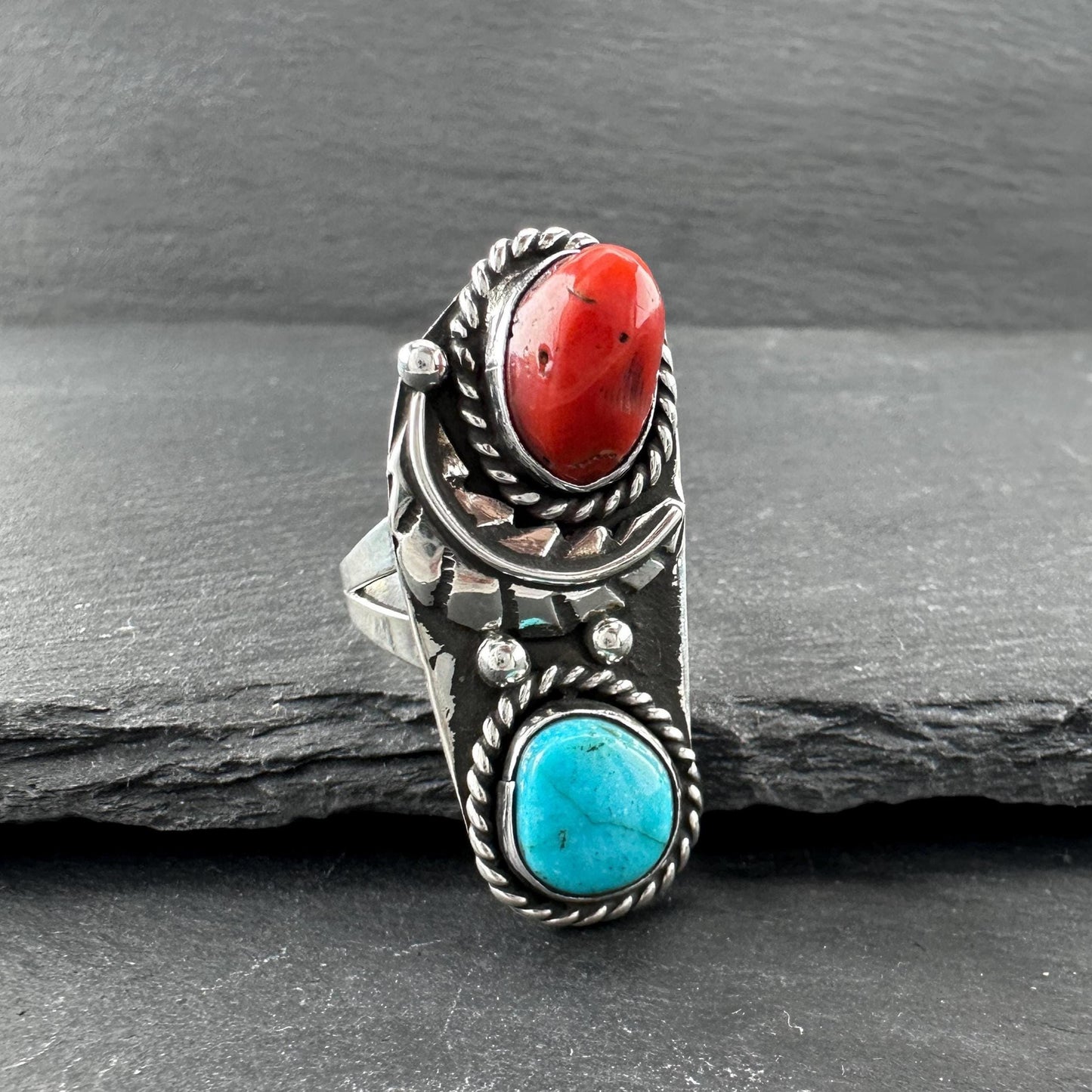 Southwest Coral, Turquoise Ring Sterling Silver