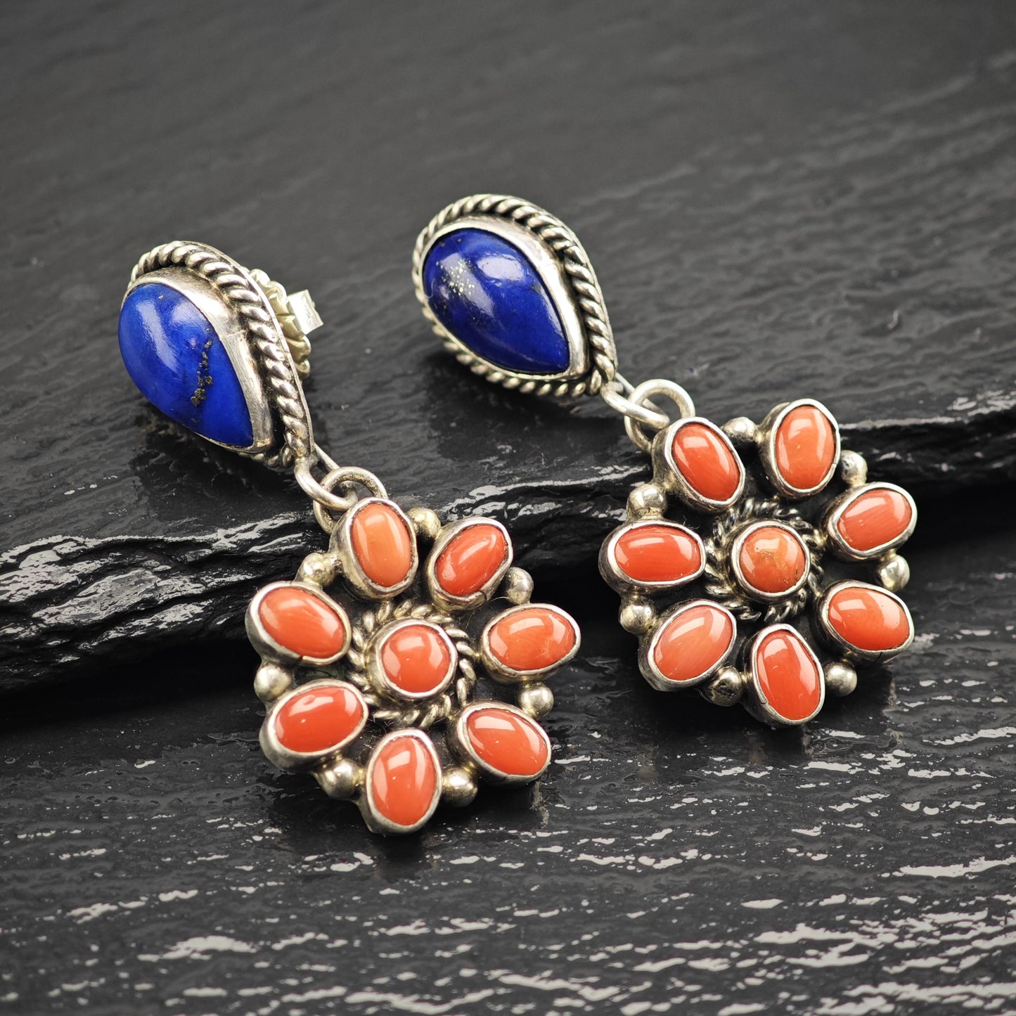SW Lapis & Coral Floral Stud/Dangle Sterling Silver Earrings ER3170