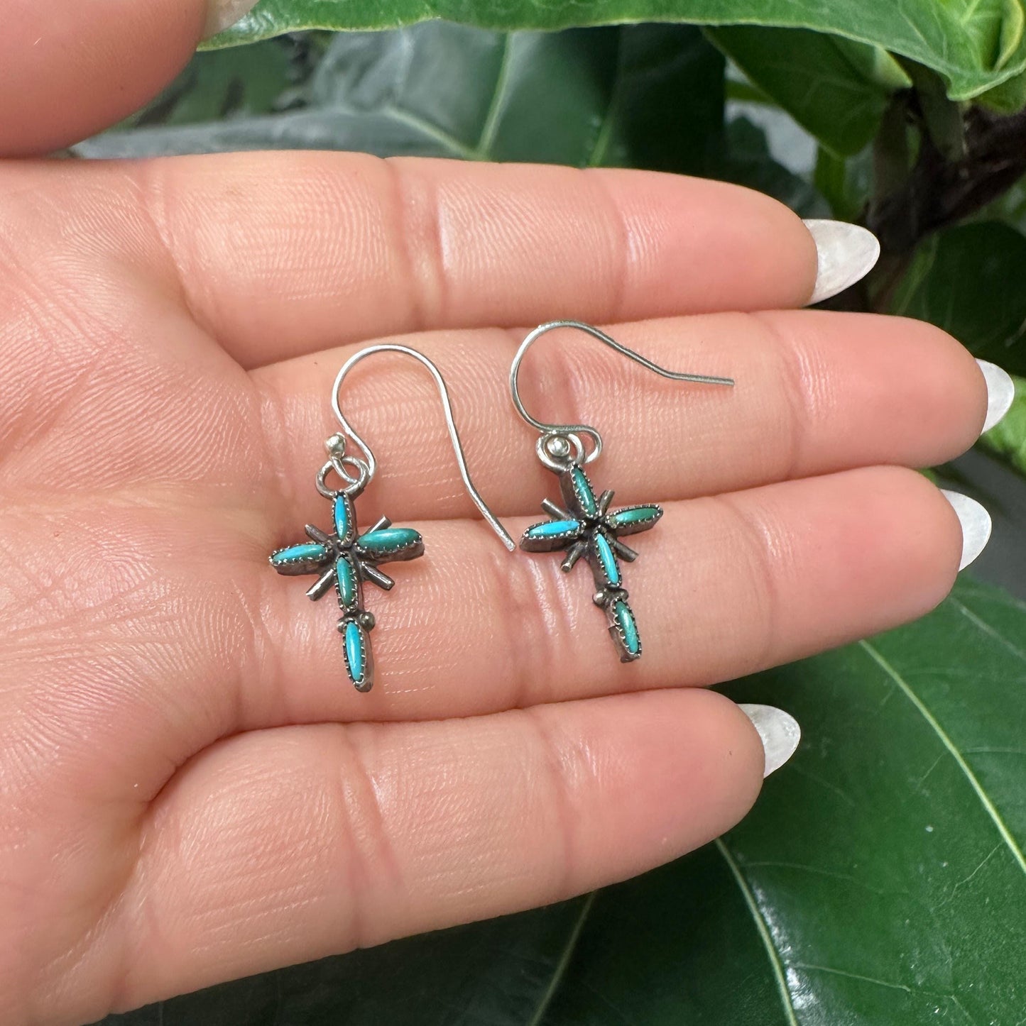 Vintage Native American Green, Blue Turquoise Cross Sterling Silver Fish Hook Earrings