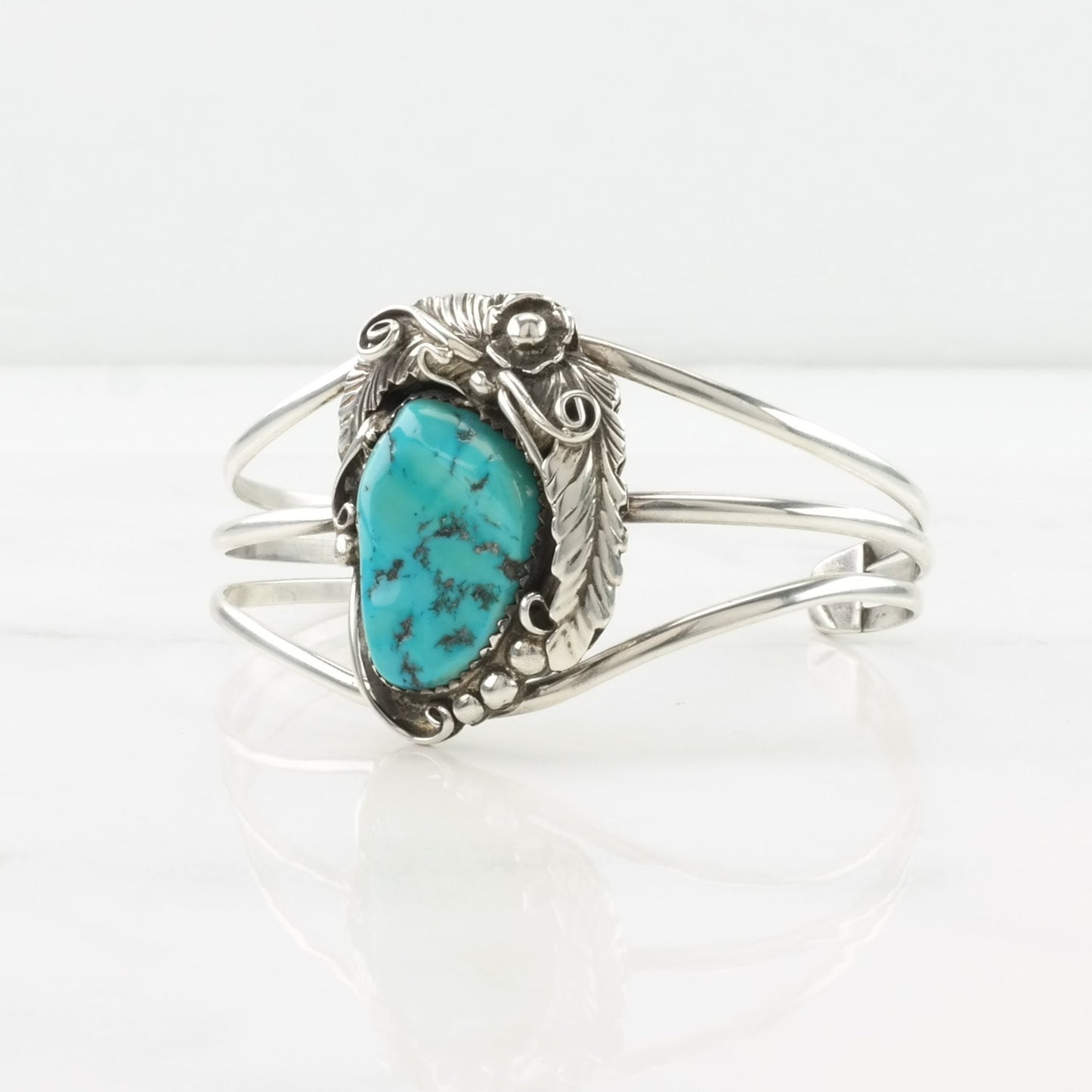 Native American Sterling Silver Cuff Bracelet Blue Turquoise Leaf, Sleeping Beauty