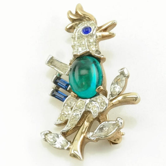 Crown Trifari, Missing Stones Sterling Silver Brooch Rooster Green Jelly Belly