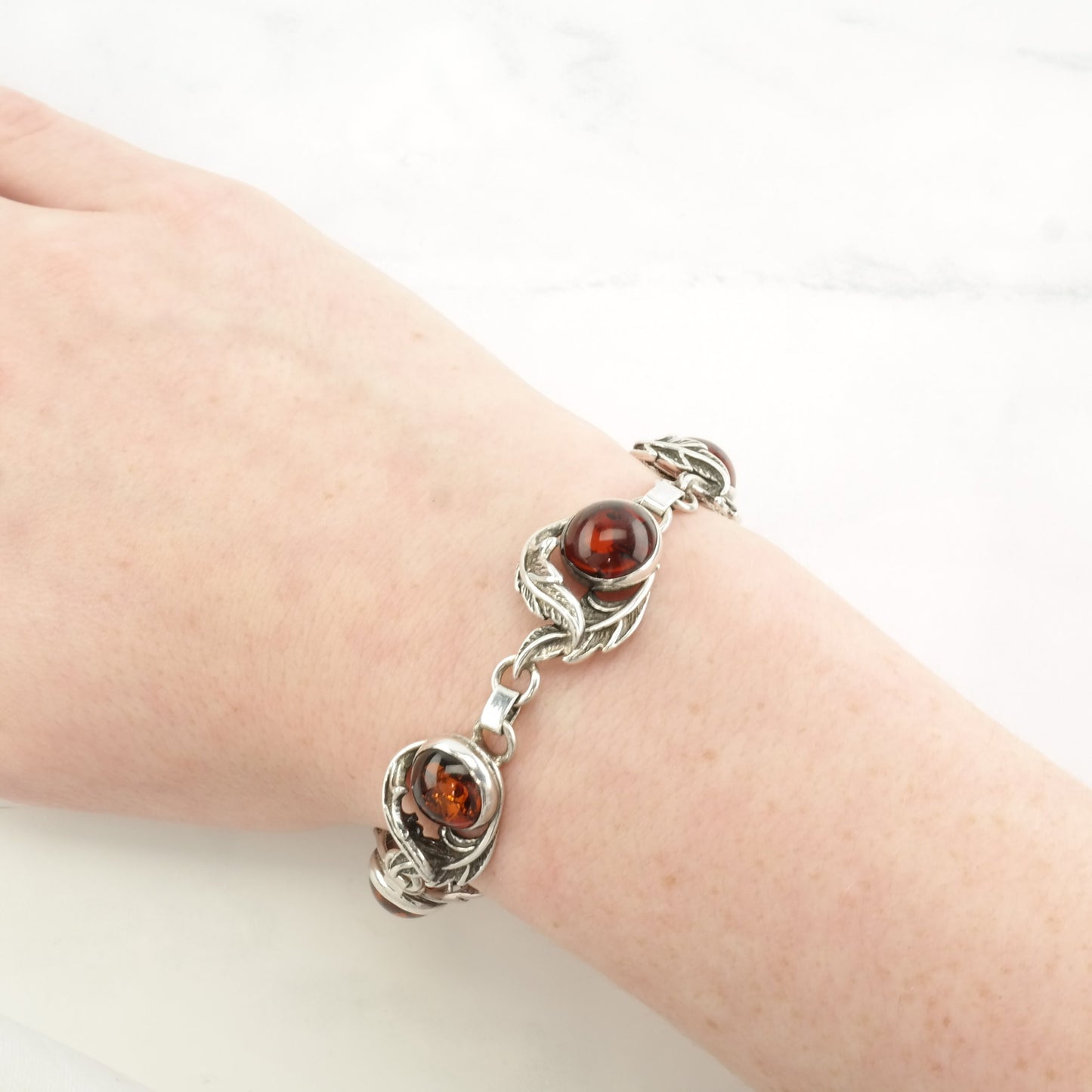 Vintage Art Nouveau Style Sterling Silver Link Bracelet Reddish Orange Amber Floral