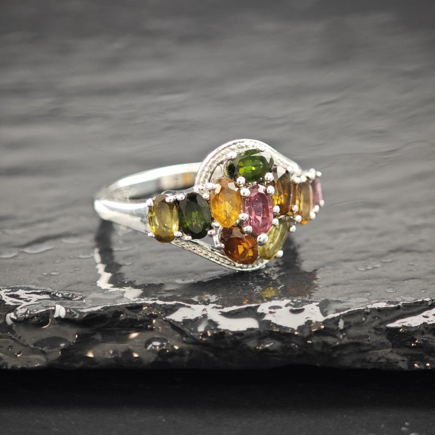 Natural Gem Flower Ring Sterling Silver Size 9