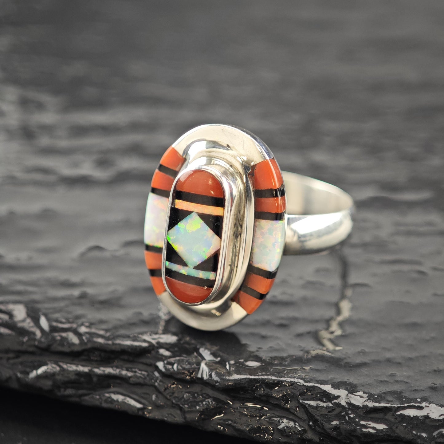 Native Opal, Coral Inlay Ring Sterling Silver Sz 9 1/2 R5952