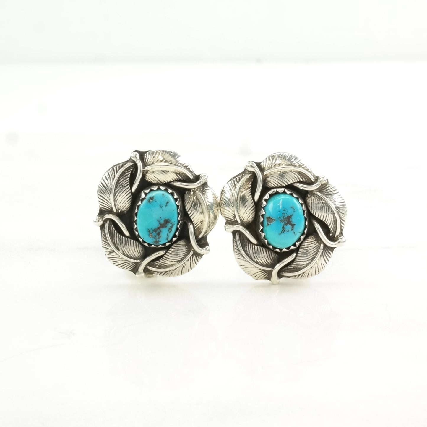 Vintage Sterling Silver Clip on Earrings Native American Blue Turquoise Floral