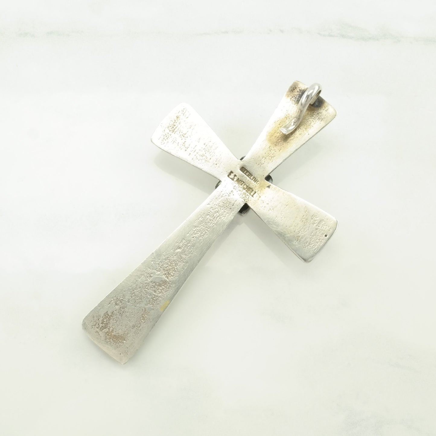 Vintage Native American Turquoise, Tufa Cast Large Cross Sterling Silver Pendant
