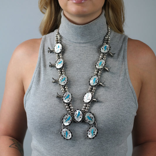 SW Sterling Silver Inlay Blue Jay Squash Blossom Necklace