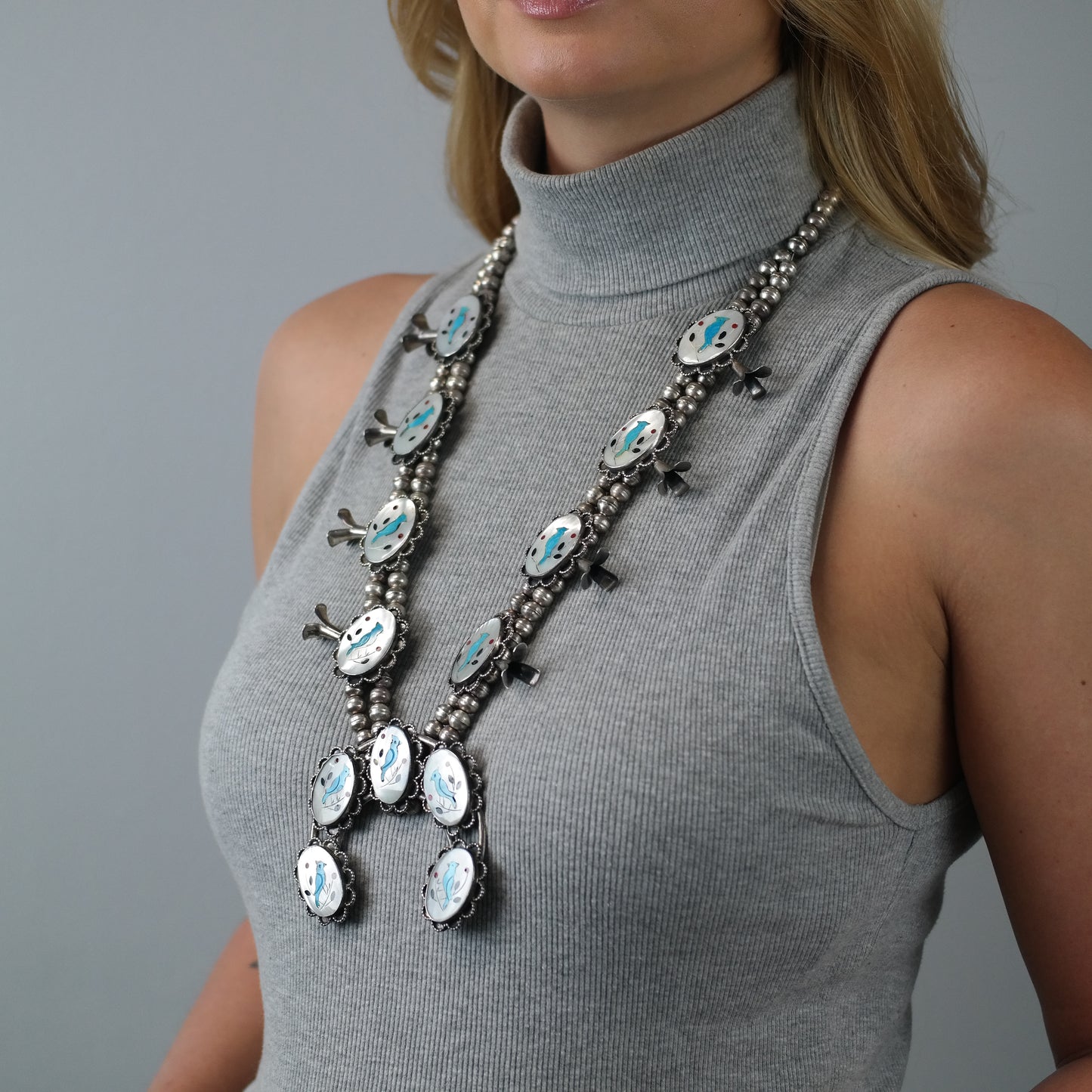 SW Sterling Silver Inlay Blue Jay Squash Blossom Necklace N2669
