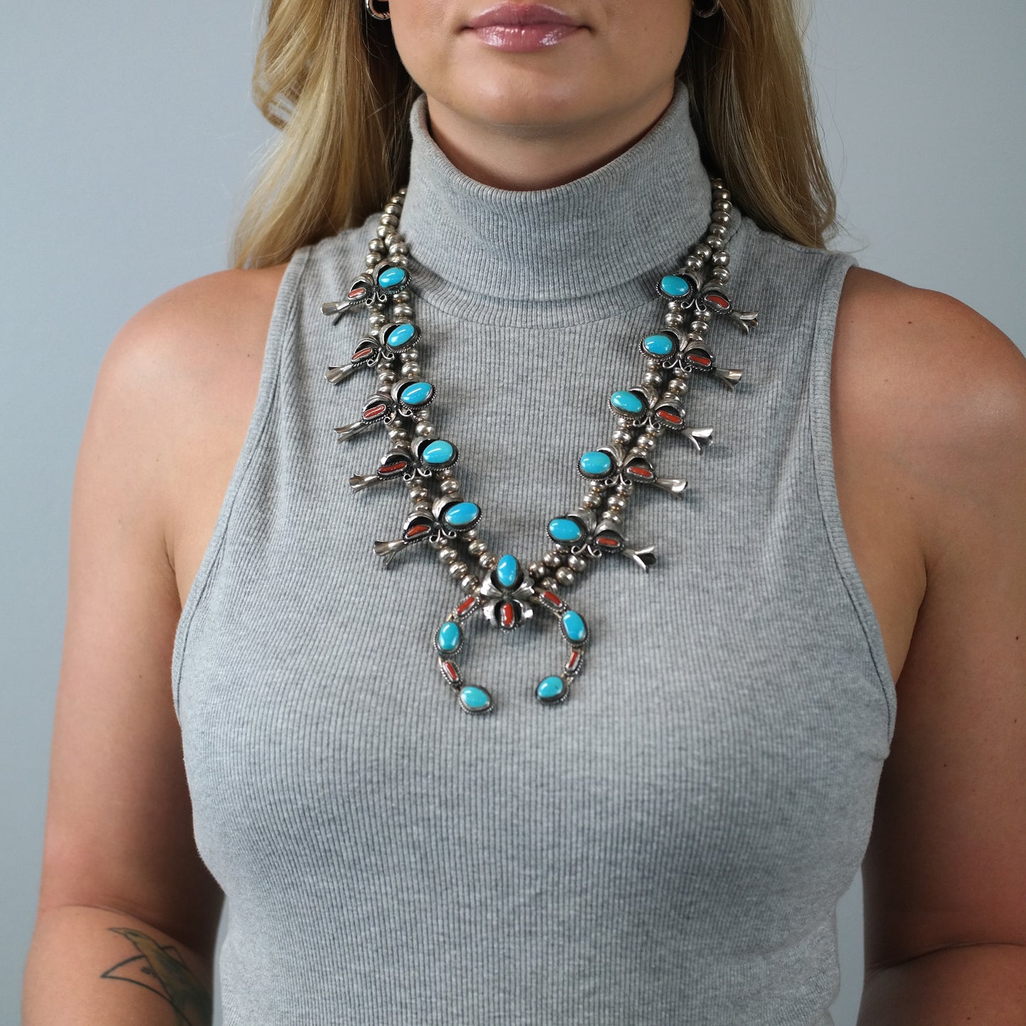 Native American Turquoise and Coral Sterling Silver Squash Blossom Necklace N2670