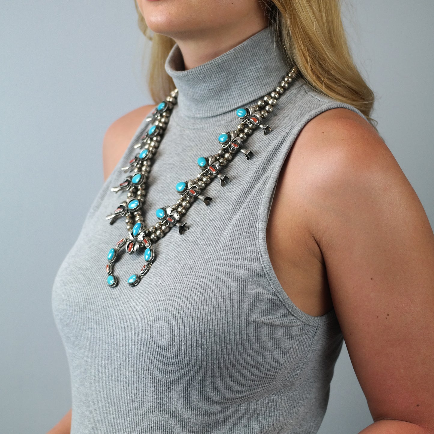 Native American Turquoise and Coral Sterling Silver Squash Blossom Necklace N2670