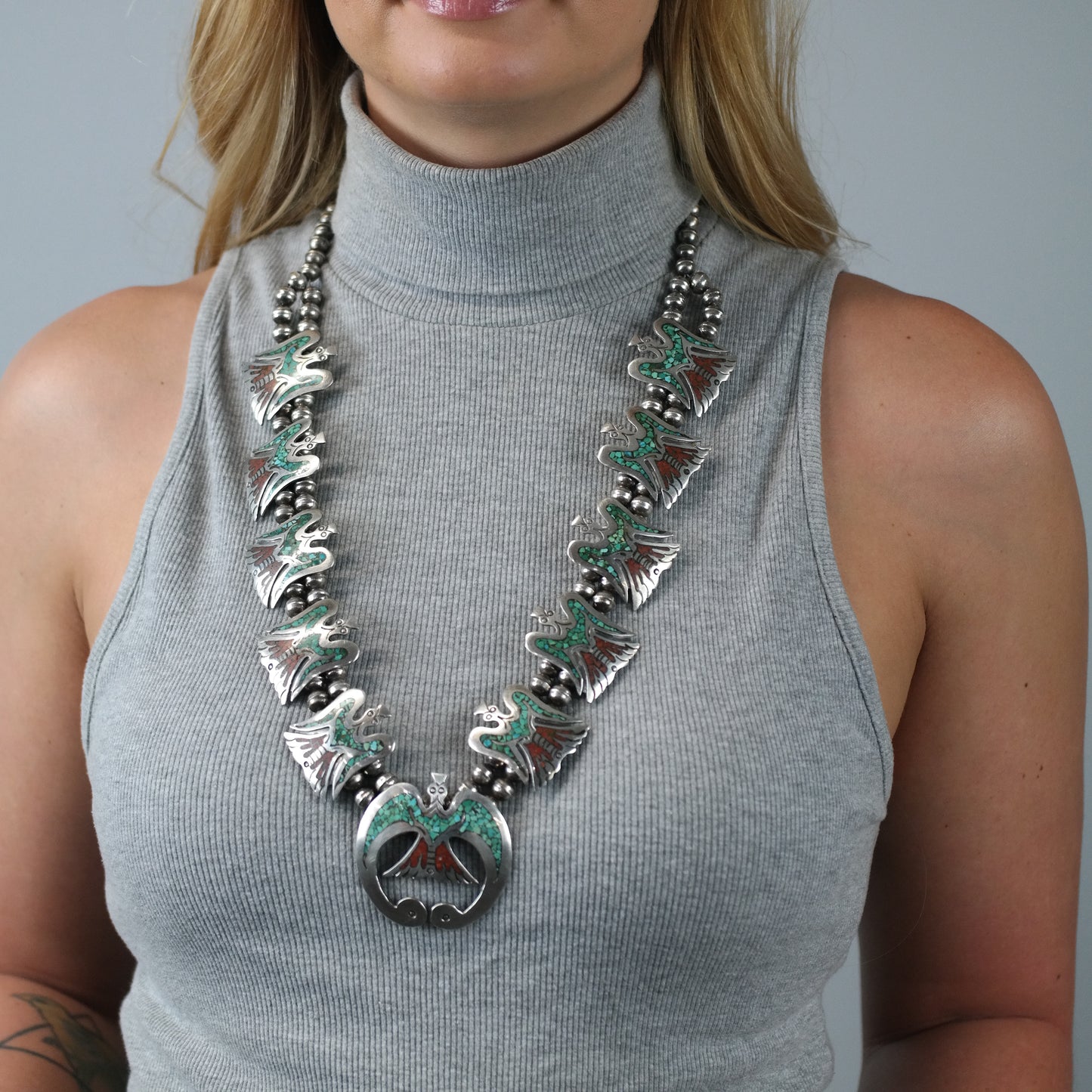 Native American Turquoise Inlay Eagle Squash Blossom Necklace Sterling Silver 29 1/2"