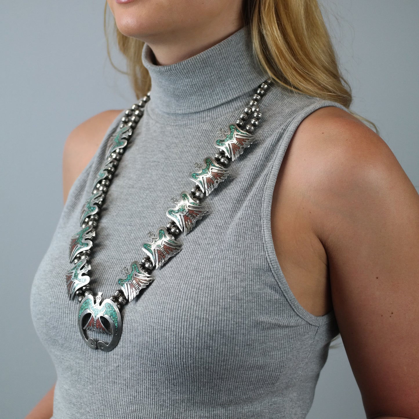 Native American Turquoise Inlay Eagle Squash Blossom Necklace Sterling Silver 29 1/2"