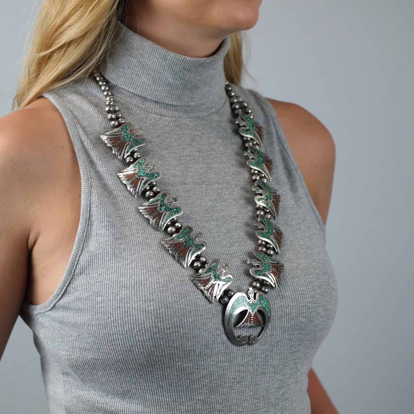 Native American Turquoise Inlay Eagle Squash Blossom Necklace Sterling Silver 29 1/2"